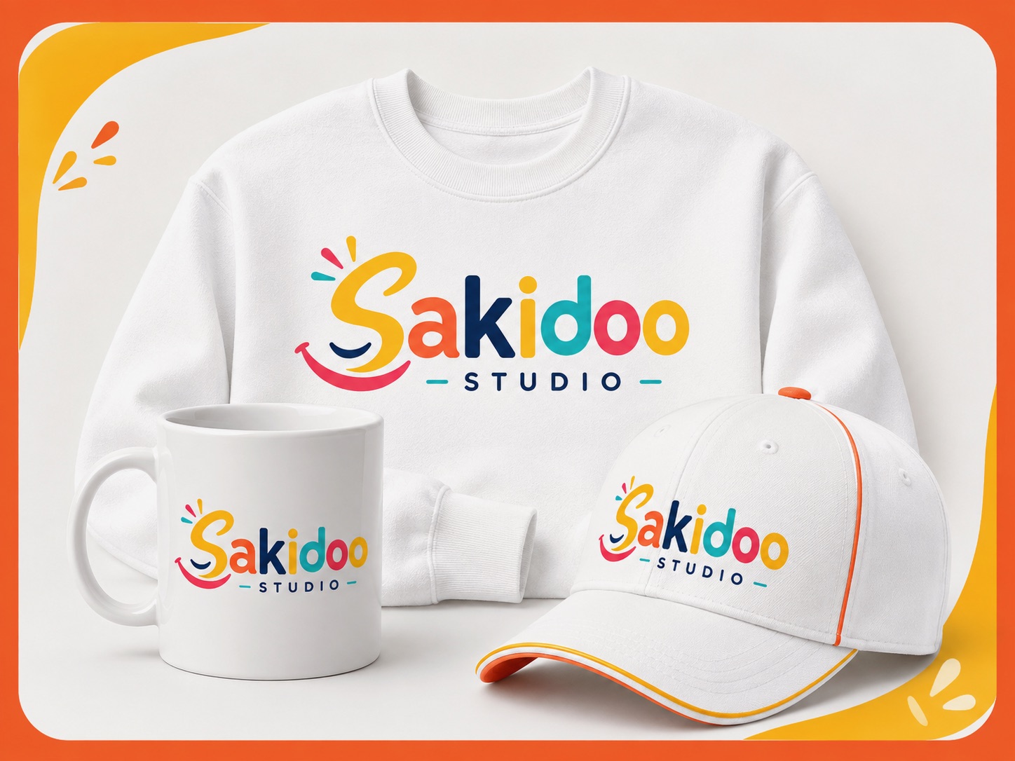 Chandail blanc, tasse et casquette portant le logo coloré Sakidoo Studio
